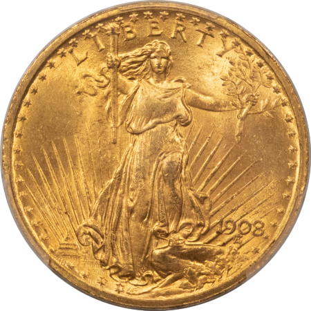 $20 1908 $20 ST GAUDENS GOLD DBL EAGLE MOTTO – PCGS MS-63, LOOKS 64, FRESH, FLASHY!