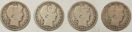 Barber Halves 1908 1908-D 1908-O 1908-S BARBER HALF DOLLARS LOT/4 PLEASING CIRCULATED EXAMPLES