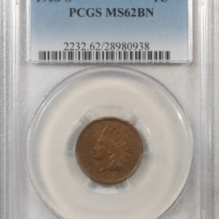 Indian 1908-S INDIAN CENT – PCGS MS-62 BN, LOOKS 64 BROWN, PQ, KEY-DATE!