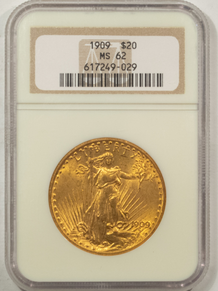 $20 1909 $20 ST GAUDENS GOLD DOUBLE EAGLE – NGC MS-62, LOW MINTAGE, LUSTROUS!