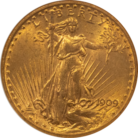 $20 1909 $20 ST GAUDENS GOLD DOUBLE EAGLE – NGC MS-62, LOW MINTAGE, LUSTROUS!