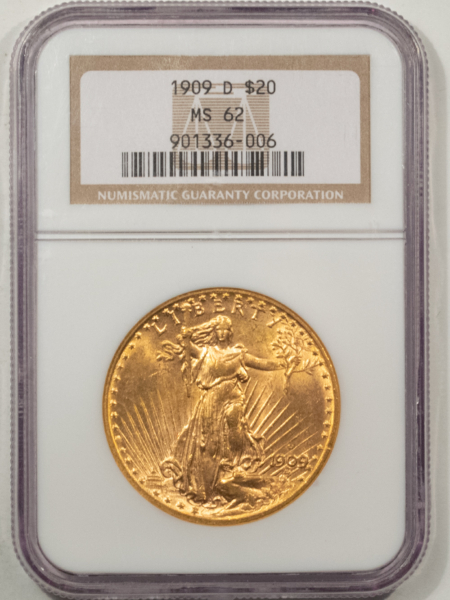 $20 1909-D $20 ST GAUDENS GOLD DOUBLE EAGLE NGC MS-62 FLASHY & PQ, LOW-MINTAGE DATE