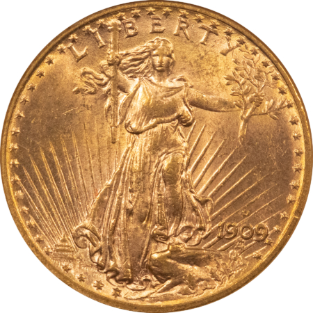 $20 1909-D $20 ST GAUDENS GOLD DOUBLE EAGLE NGC MS-62 FLASHY & PQ, LOW-MINTAGE DATE