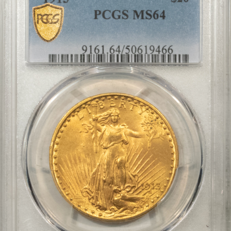 $20 1913 $20 ST GAUDENS GOLD DOUBLE EAGLE – PCGS MS-64, SCARCE! GEM FIELDS!