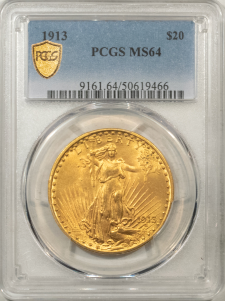 $20 1913 $20 ST GAUDENS GOLD DOUBLE EAGLE – PCGS MS-64, SCARCE! GEM FIELDS!