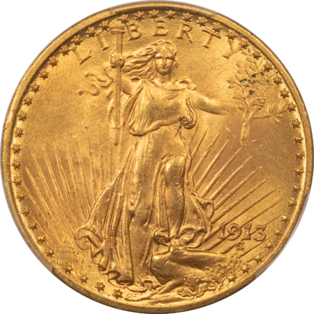 $20 1913 $20 ST GAUDENS GOLD DOUBLE EAGLE – PCGS MS-64, SCARCE! GEM FIELDS!