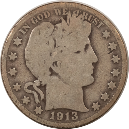 Barber Halves 1913 BARBER HALF DOLLAR – NICE PLEASING CIRCULATED EXAMPLE, KEY-DATE!