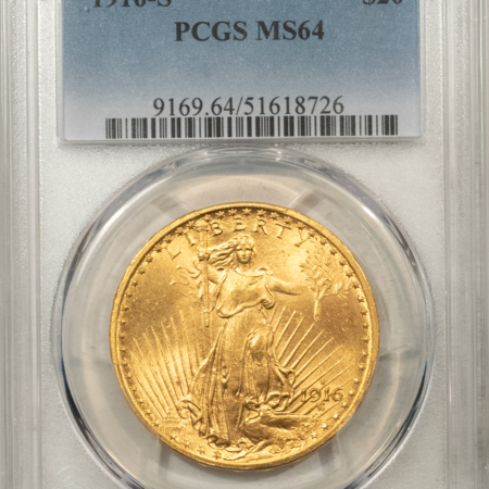 $20 1916-S $20 ST GAUDENS GOLD DOUBLE EAGLE – PCGS MS-64, LOOKS 65! PREMIUM QUALITY!