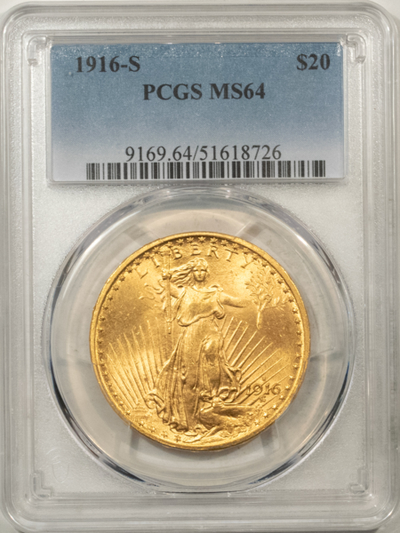 $20 1916-S $20 ST GAUDENS GOLD DOUBLE EAGLE – PCGS MS-64, LOOKS 65! PREMIUM QUALITY!