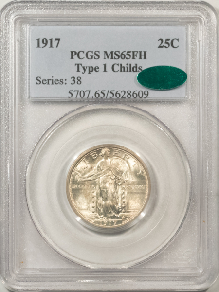 CAC Approved Coins 1917 TY 1 STANDING LIBERTY QUARTER, EX. CHILDS – PCGS MS-65 FH CAC, PQ+ GEM!