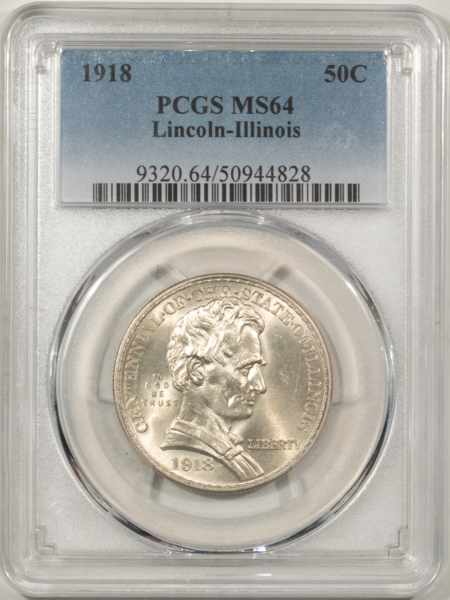 New Certified Coins 1918 LINCOLN-ILLINOIS COMMEM HALF DOLLAR – PCGS MS-64, FLASHY WHITE, LOOKS GEM!