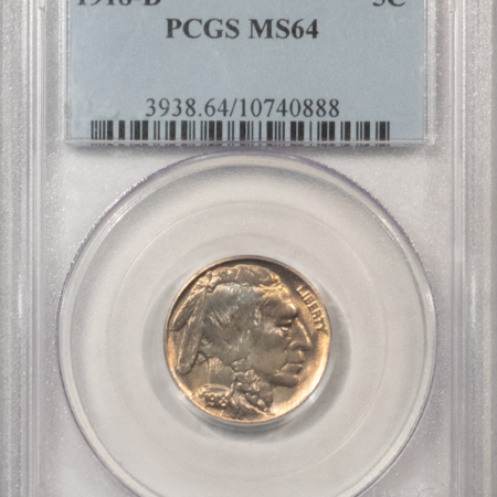 Buffalo Nickels 1918-D BUFFALO NICKEL – PCGS MS-64, TOUGH-DATE, LUSTROUS!