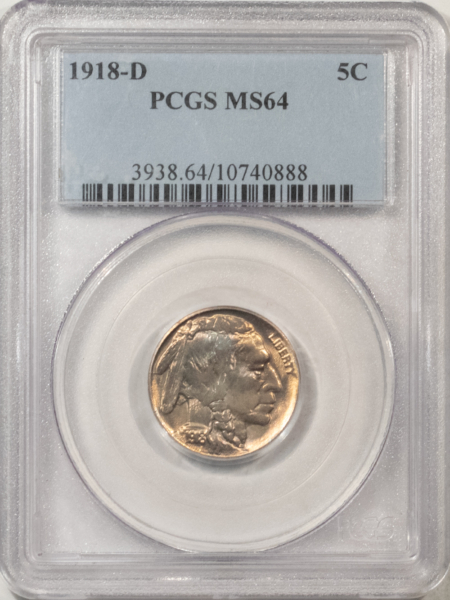 Buffalo Nickels 1918-D BUFFALO NICKEL – PCGS MS-64, TOUGH-DATE, LUSTROUS!