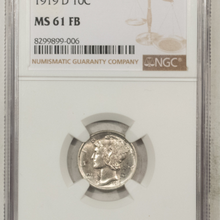 Mercury Dimes 1919-D MERCURY DIME – NGC MS-61 FB, ORIGINAL WHITE! SCARCE!