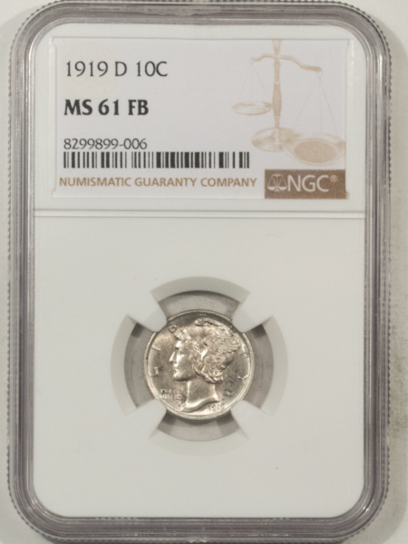 Mercury Dimes 1919-D MERCURY DIME – NGC MS-61 FB, ORIGINAL WHITE! SCARCE!