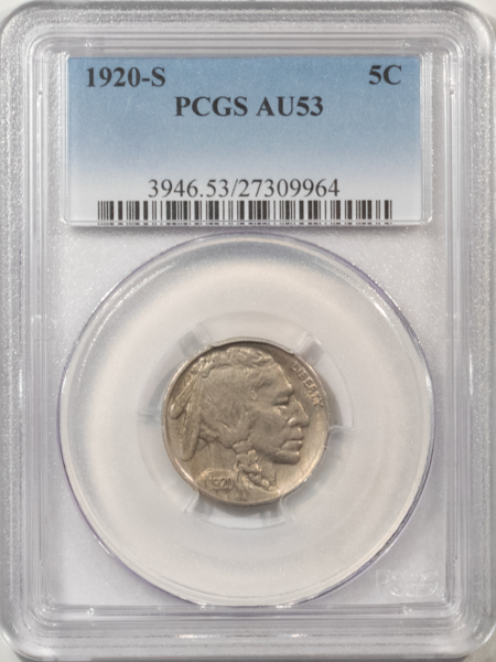 Buffalo Nickels 1920-S BUFFALO NICKEL – PCGS AU-53, NICE ORIGINAL!