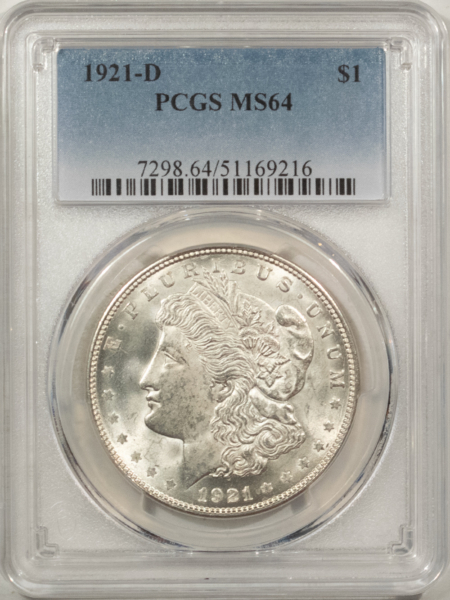 Morgan Dollars 1921-D $1 MORGAN DOLLAR – PCGS MS-64, BLAST WHITE & PREMIUM QUALITY!