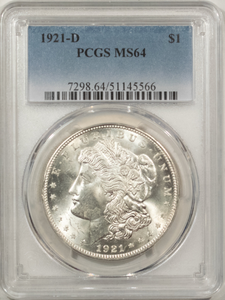 Morgan Dollars 1921-D $1 MORGAN DOLLAR – PCGS MS-64, BLAST WHITE & PREMIUM QUALITY!