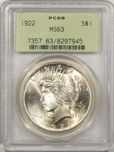 New Certified Coins 1922 $1 PEACE DOLLAR – PCGS MS-63, OLD GREEN HOLDER, PREMIUM QUALITY!