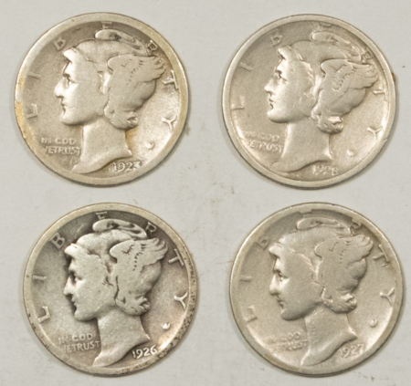 Mercury Dimes 1923-S, 1926-D, 1927-D, 1928-D MERCURY DIMES, LOT OF 4 – CIRCULATED!