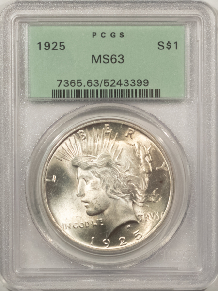 New Certified Coins 1925 $1 PEACE DOLLAR – PCGS MS-63, OLD GREEN HOLDER, PRETTY & PREMIUM QUALITY!