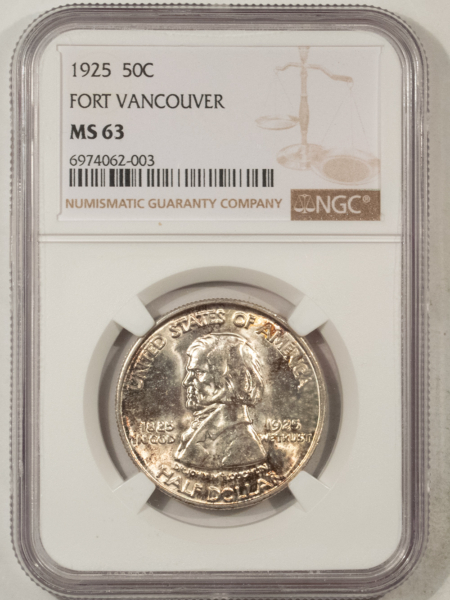 New Certified Coins 1925 FORT VANCOUVER COMMEMORATIVE HALF DOLLAR – NGC MS-63, PRETTY!