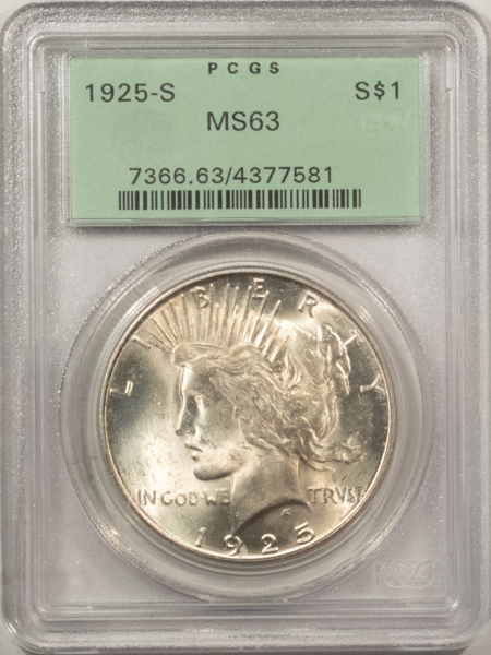 New Certified Coins 1925-S $1 PEACE DOLLAR – PCGS MS-63, OLD GREEN HOLDER, FRESH & PREMIUM QUALITY!