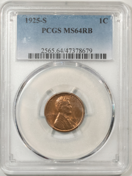 Lincoln Cents (Wheat) 1925-S LINCOLN CENT – PCGS MS-64 RB, FRESH WITH ORIGINAL LUSTER! TOUGH DATE!