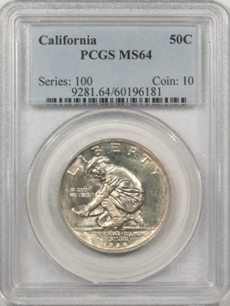 New Certified Coins 1925-S CALIFORNIA COMMEMORATIVE HALF DOLLAR – PCGS MS-64, LUSTROUS!