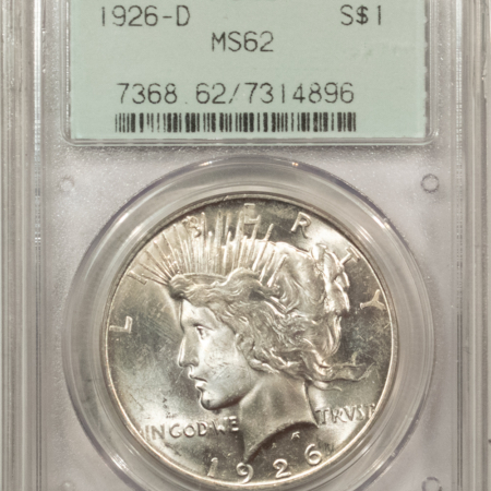 New Certified Coins 1926-D PEACE DOLLAR – PCGS MS-62, 2 PIECE OLD GREEN HOLDER, PREMIUM QUALITY!