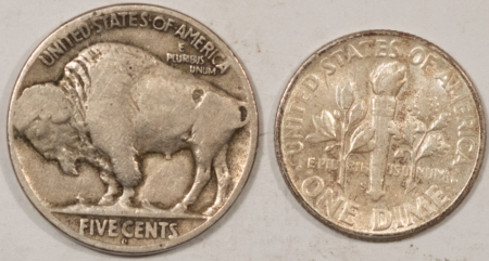 Buffalo Nickels 1927-S BUFFALO 1949-S ROOSEVELT, 2/LOT, PLEASING CIRCULATED EXAMPLE, 49-S IS AU+