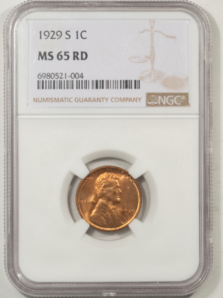 Lincoln Cents (Wheat) 1929-S LINCOLN CENT – NGC MS-65 RD, FULLY RED!