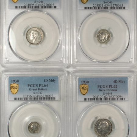 New Certified Coins 1930 GREAT BRITAIN SILVER MAUNDY 4 COIN SET (1D, 2D, 3D, 4D) PCGS PL-64/63/63/62