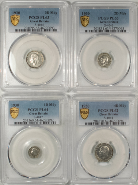 New Certified Coins 1930 GREAT BRITAIN SILVER MAUNDY 4 COIN SET (1D, 2D, 3D, 4D) PCGS PL-64/63/63/62