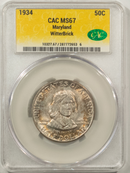 CAC Approved Coins 1934 MARYLAND COMMEMORATIVE HALF DOLLAR CACG MS-67, SUPERB, PQ, CAC! WITTERBRICK