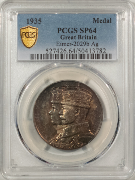 Exonumia 1935 GREAT BRITAIN AG SILVER MEDAL EIMER2029B JUBILEE GEORGE V & MARY PCGS SP-64