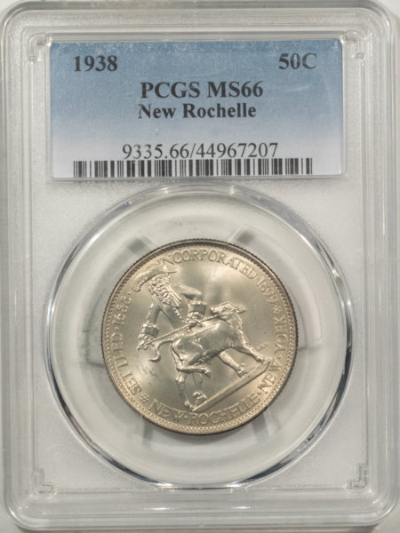 New Certified Coins 1938 NEW ROCHELLE COMMEMORATIVE HALF DOLLAR – PCGS MS-66, LUSTROUS & ATTRACTIVE!