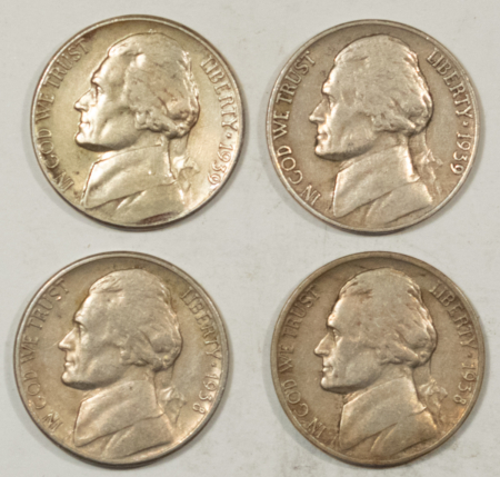 Jefferson Nickels 1938-D, 38-S, 39-D, 39-S JEFFERSON NICKELS, LOT OF 4 – HIGH GRADE CIRC EXAMPLES!