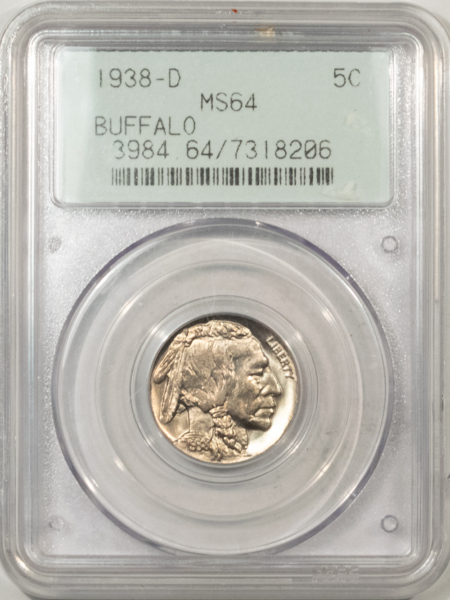 Buffalo Nickels 1938-D BUFFALO NICKEL PCGS MS-64, PREMIUM QUALITY! VINTAGE 2 PC OLD GREEN HOLDER