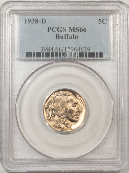 Buffalo Nickels 1938-D BUFFALO NICKEL – PCGS MS-66, VIRTUALLY SUPERB!