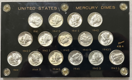 Mercury Dimes 1941-1945-S 15 COIN MERCURY DIME SHORT COMPLETE SET BU IN VINTAGE CAPITAL HOLDER