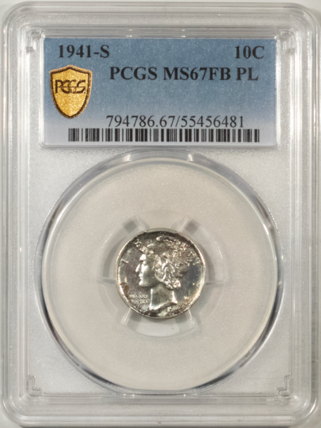 Mercury Dimes 1941-S MERCURY DIME – PCGS MS-67 FB PL, STUNNING PROOFLIKE!