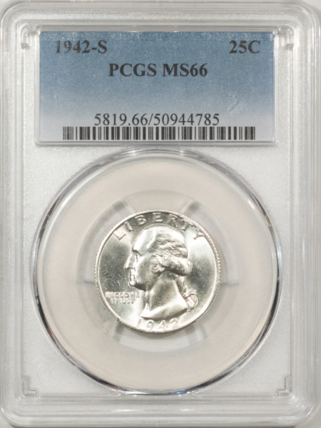 New Certified Coins 1942-S WASHINGTON QUARTER – PCGS MS-66, PREMIUM QUALITY!