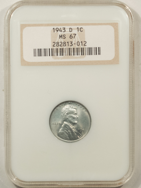 Lincoln Cents (Wheat) 1943-D LINCOLN CENT – NGC MS-67, FATTIE HOLDER, SUPERB STEEL CENT!