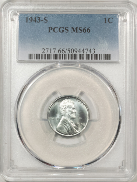 Lincoln Cents (Wheat) 1943-S STEEL LINCOLN CENT – PCGS MS-66, LOOKS 67! PREMIUM QUALITY!