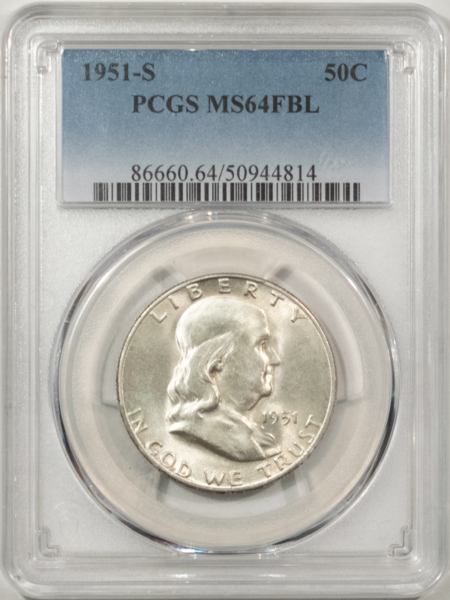 Franklin Halves 1951-S FRANKLIN HALF DOLLAR – PCGS MS-64 FBL, LOOKS 65+, PREMIUM QUALITY!