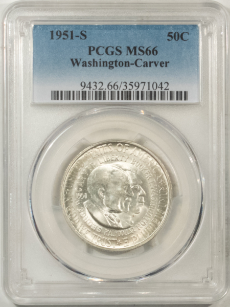 New Certified Coins 1951-S WASHINGTON-CARVER COMMEMORATIVE HALF DOLLAR – PCGS MS-66, BLAZING WHITE!