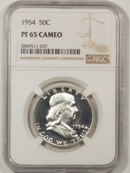 Franklin Halves 1954 PROOF FRANKLIN HALF DOLLAR – NGC PF-65 CAMEO, GEM LOOKS DEEP!