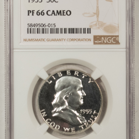 Franklin Halves 1955 PROOF FRANKLIN HALF DOLLAR – NGC PF-66 CAMEO, BLACK & WHITE, LOOKS DEEP!