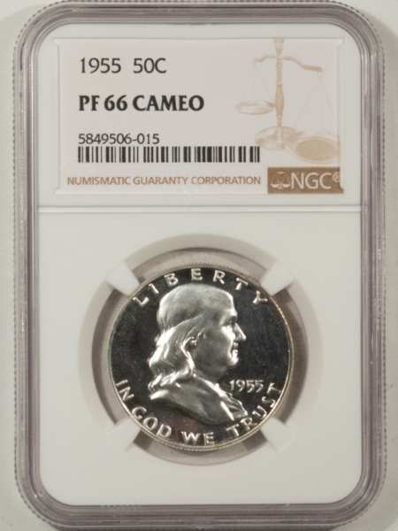 Franklin Halves 1955 PROOF FRANKLIN HALF DOLLAR – NGC PF-66 CAMEO, BLACK & WHITE, LOOKS DEEP!